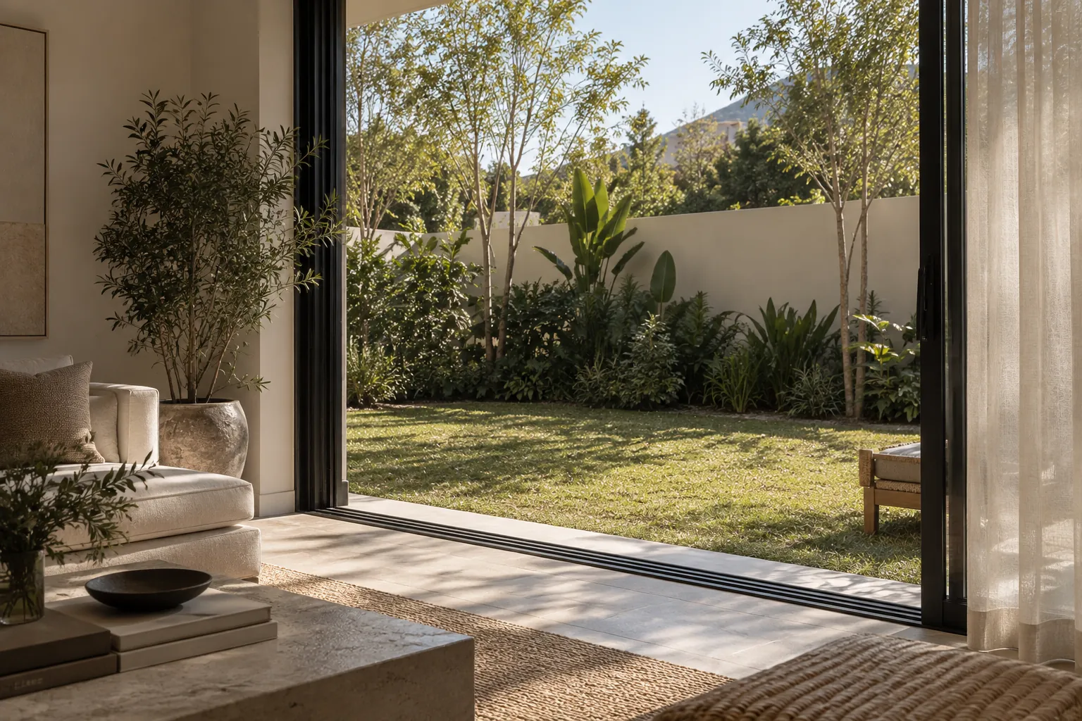 Sala de planta baja abierta hacia el jardín: césped y el cerramiento de Miravett al fondo.